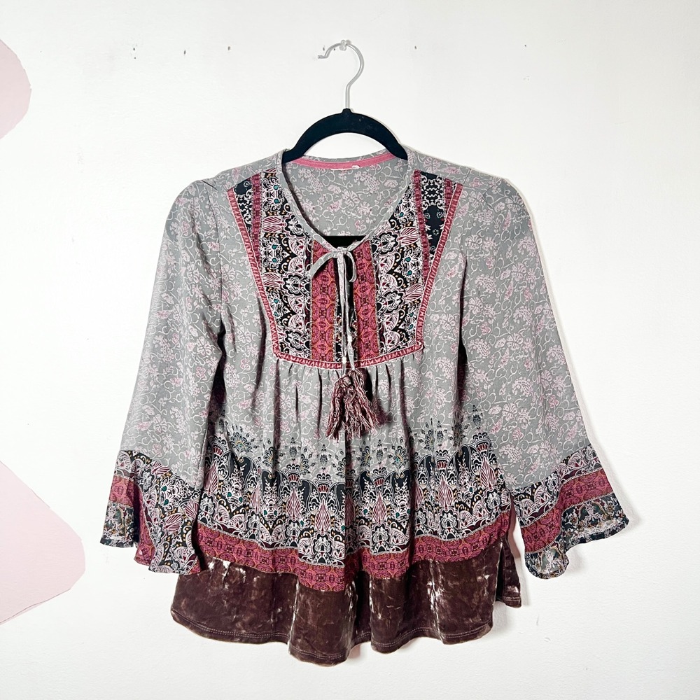 Bohemian Peasant Top Size Small Bell Sleeve Sheer Velvet Trim Festival